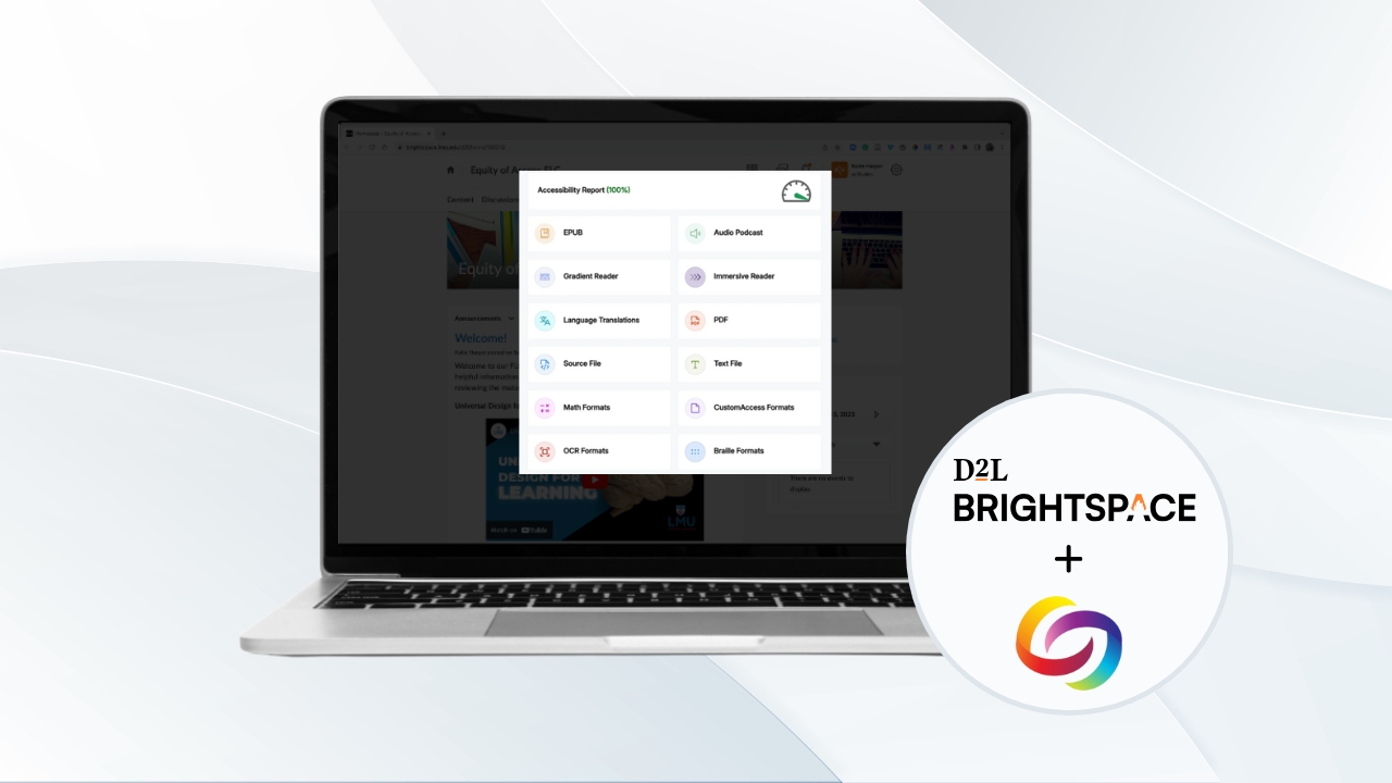 Laptop displaying an accessibility report screen with D2L Brightspace and Yuja Panorama logo on a light background.